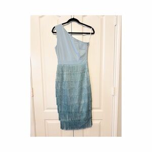 Lavish Alice Light Blue One-Shoulder Fringe Dress